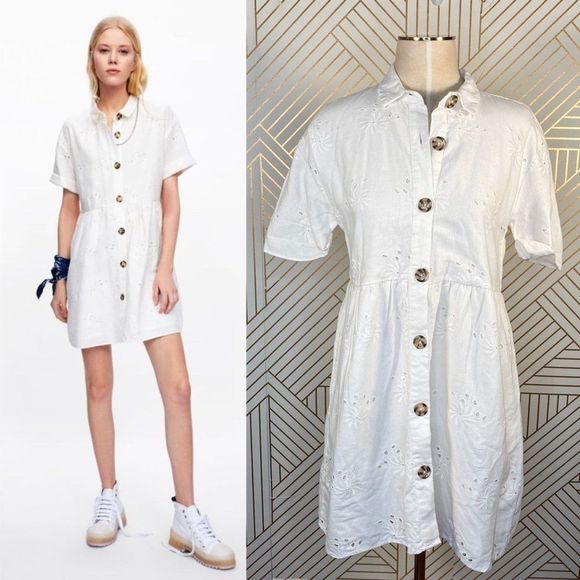 Zara Dresses & Skirts - Zara Embroidered Cutwork Eyelet Shirt Dress White